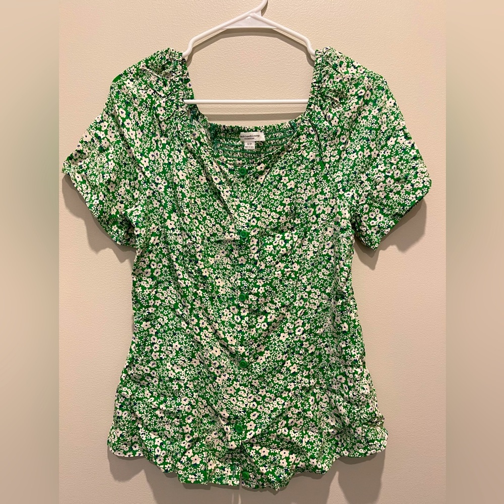 Green and white button up blouse